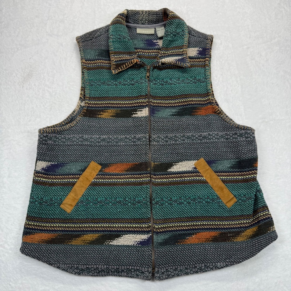 Ivy Aztec Vest Sleeveless Southwestern Pockets Full Zip Cotton Blend XL